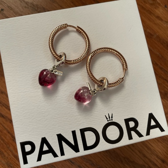 Pandora Jewelry - Pandora Rose Gold Hoops Heart Glass Charm Box Bag Love Potion charms earrings